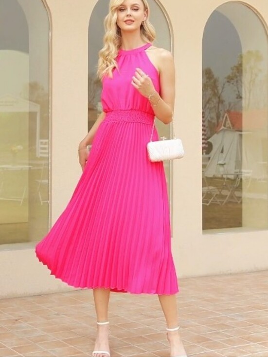 PrettyGarden Dresses & Skirts - PrettyGarden New Hot Pink Pleated Halter Midi Dress Size Medium